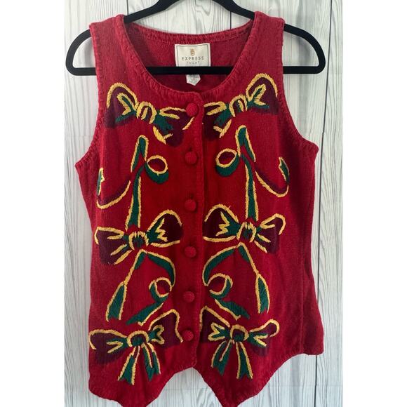 Vintage Y2K- 90s Express Tricot Bows Holiday Sweater Vest Size Medium r1 - Picture 1 of 7